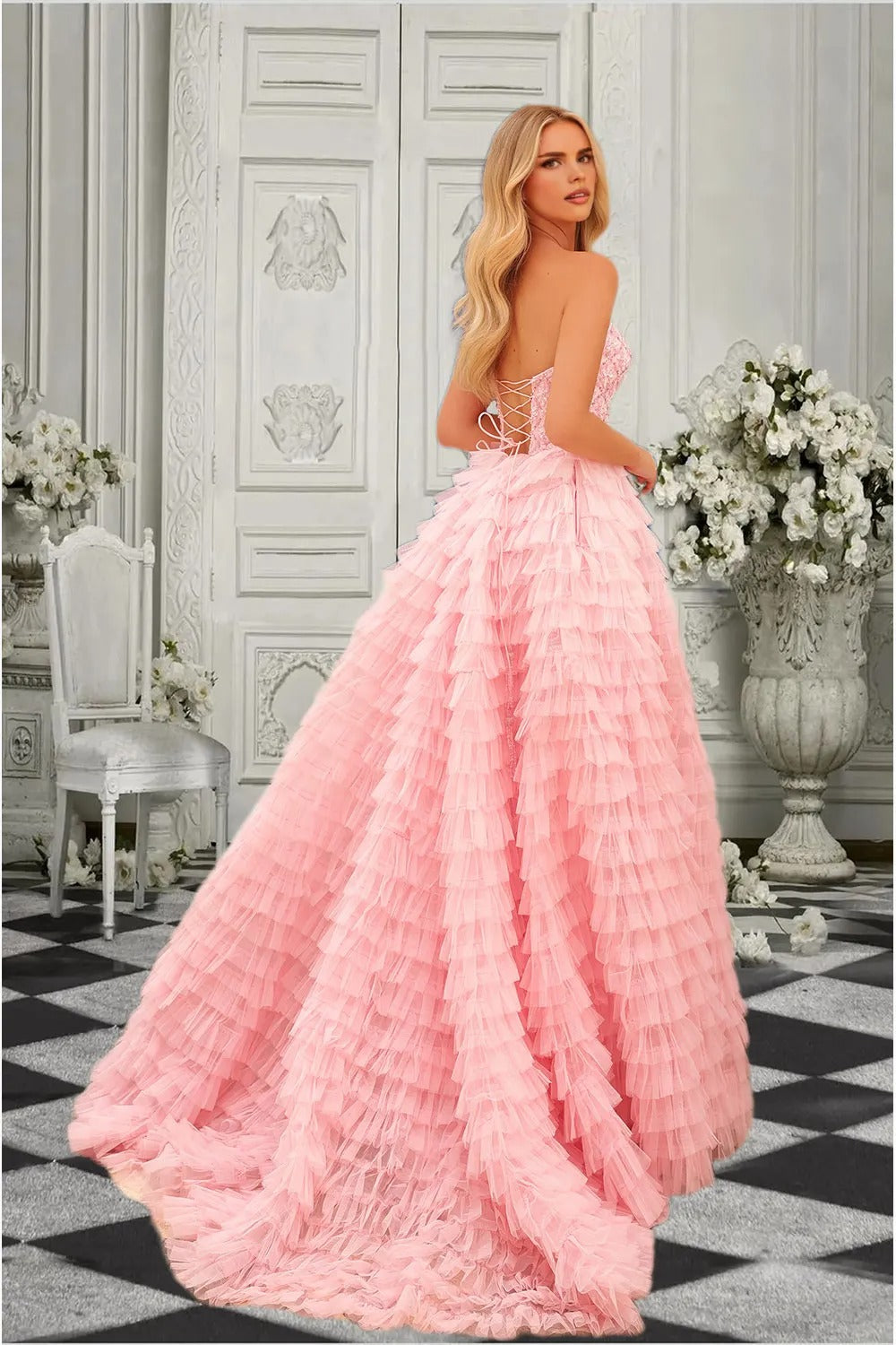 Dressime Vintage Ball Gown Sweetheart Keyhole Tulle Tiered Prom Dress