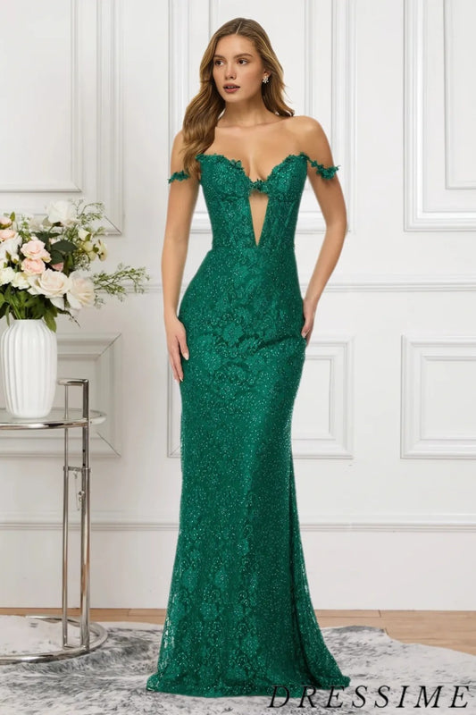 Dressime Vintage Mermaid Off The Shoulder Lace Long Prom Dress