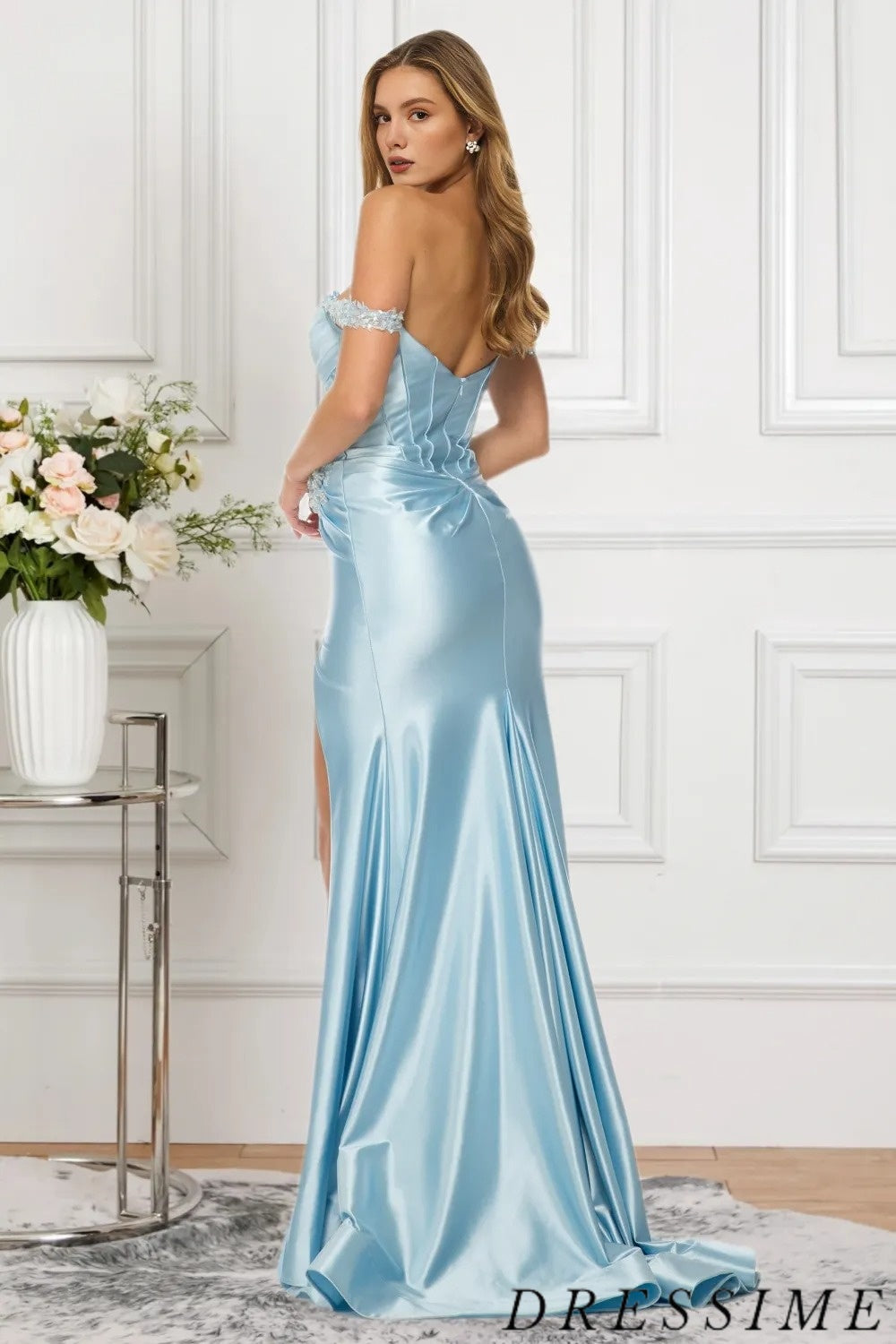 Dressime Vintage Mermaid Off The Shoulder Satin Long Prom Dress With Beading