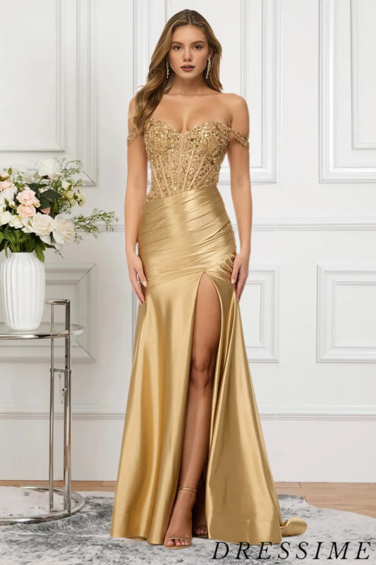 Dressime Vintage Mermaid Off The Shoulder Satin Slit Prom Dress With Sequins