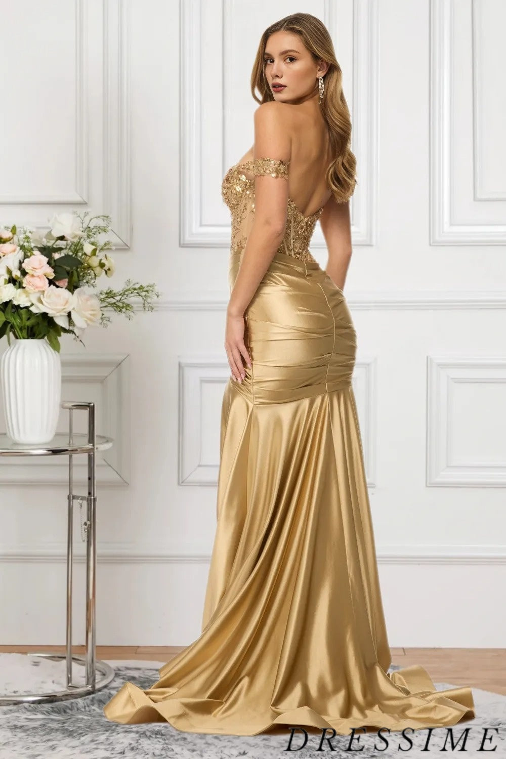 Dressime Vintage Mermaid Off The Shoulder Satin Slit Prom Dress With Sequins