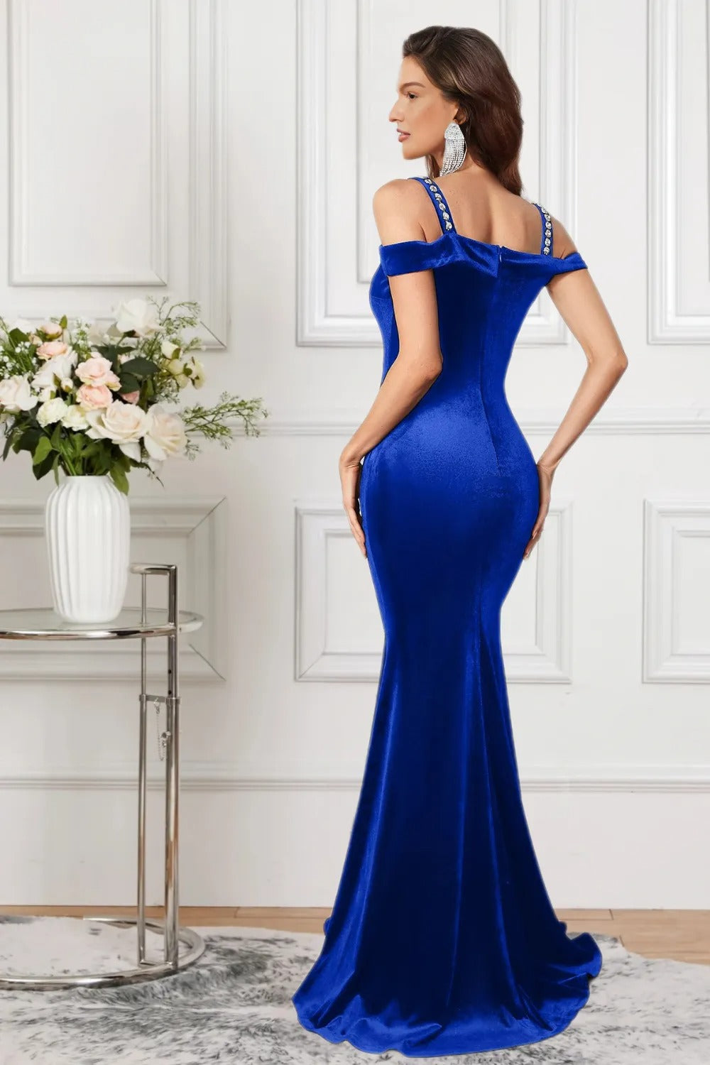 Dressime Vintage Mermaid Off The Shoulder Velvet Slit Formal Dress With Beading
