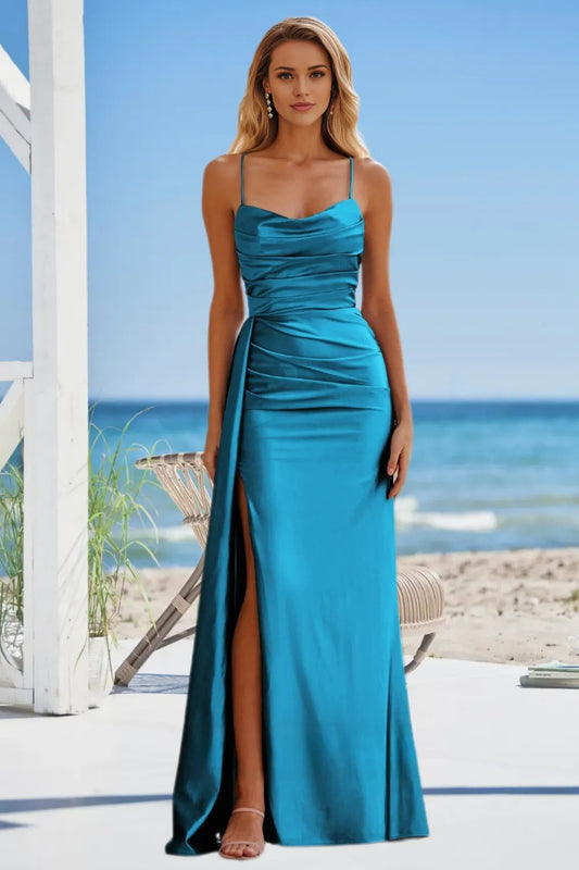 Dressime Vintage Mermaid Spaghetti Straps Satin Prom Dress With Train