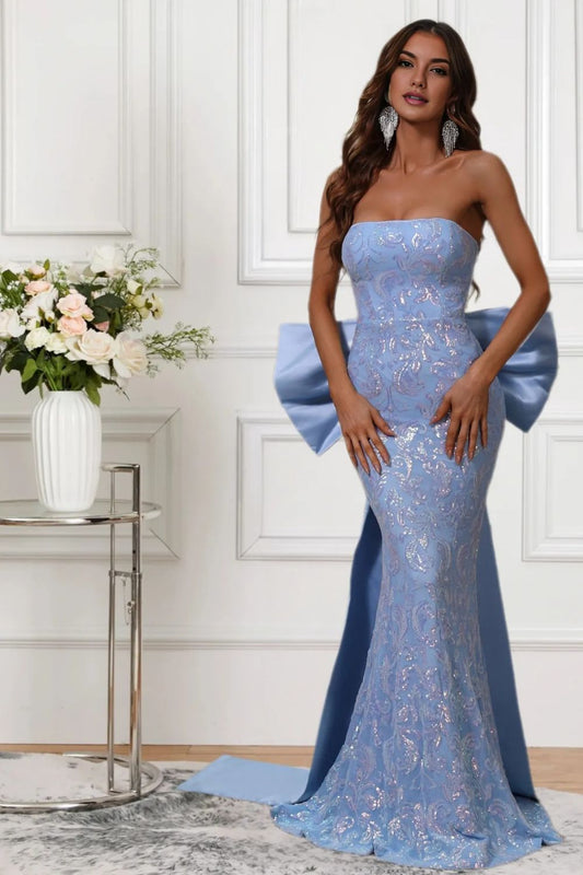 Dressime Vintage Mermaid Strapless Sequin Appliques Formal Dress With Bow