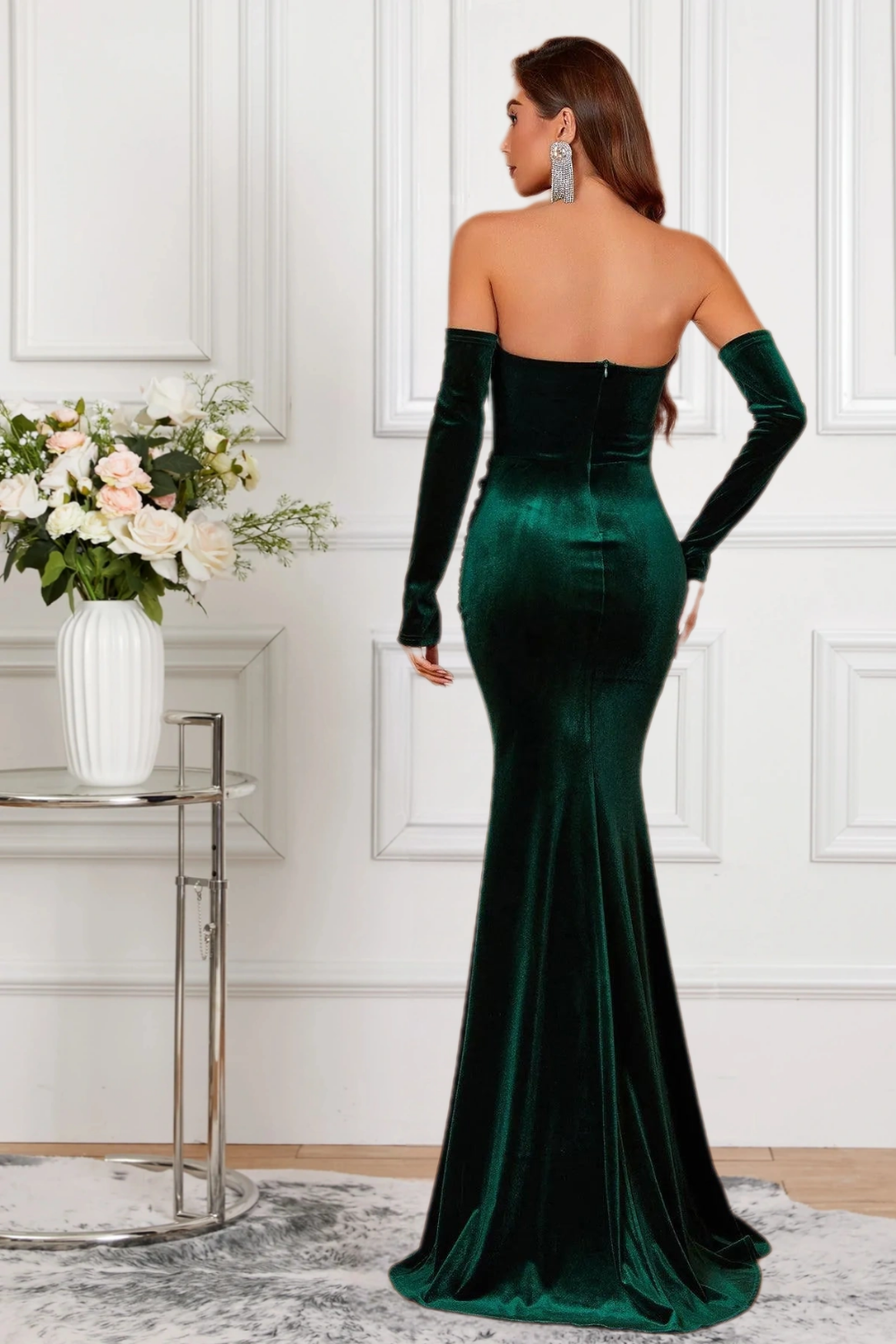 Dressime Vintage Mermaid Strapless Velvet Slit Formal Dress With Sleeves