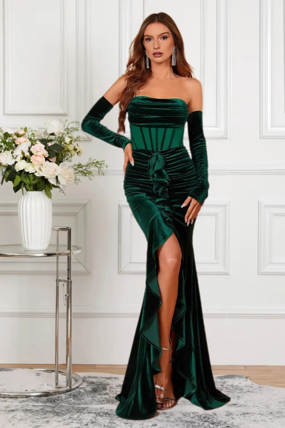 Dressime Women Green Formal Dress Vintage Mermaid Strapless Velvet Slit Party Dress With Sleeves dressime Dressime Women Green Formal Dress Vintage Mermaid Strapless Velvet Slit Party Dress With Sleeves dressime