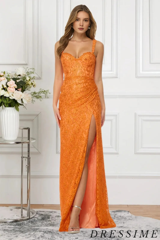 Dressime Vintage Mermaid Straps Lace Long Prom Dress With Slit