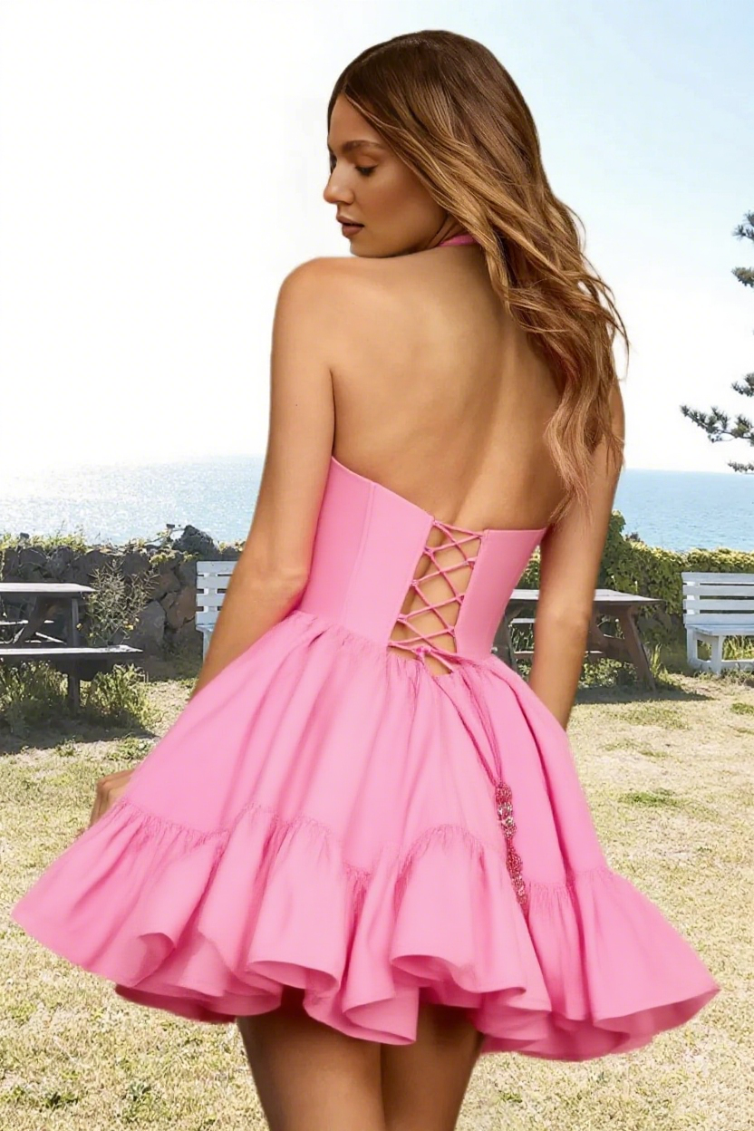 Dressime A Line Halter Keyhole Corset Bodice Mini Homecoming Dress