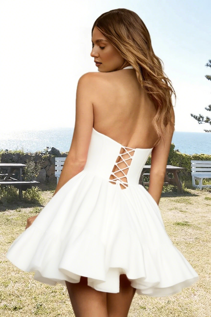 Dressime A Line Halter Keyhole Corset Bodice Mini Homecoming Dress