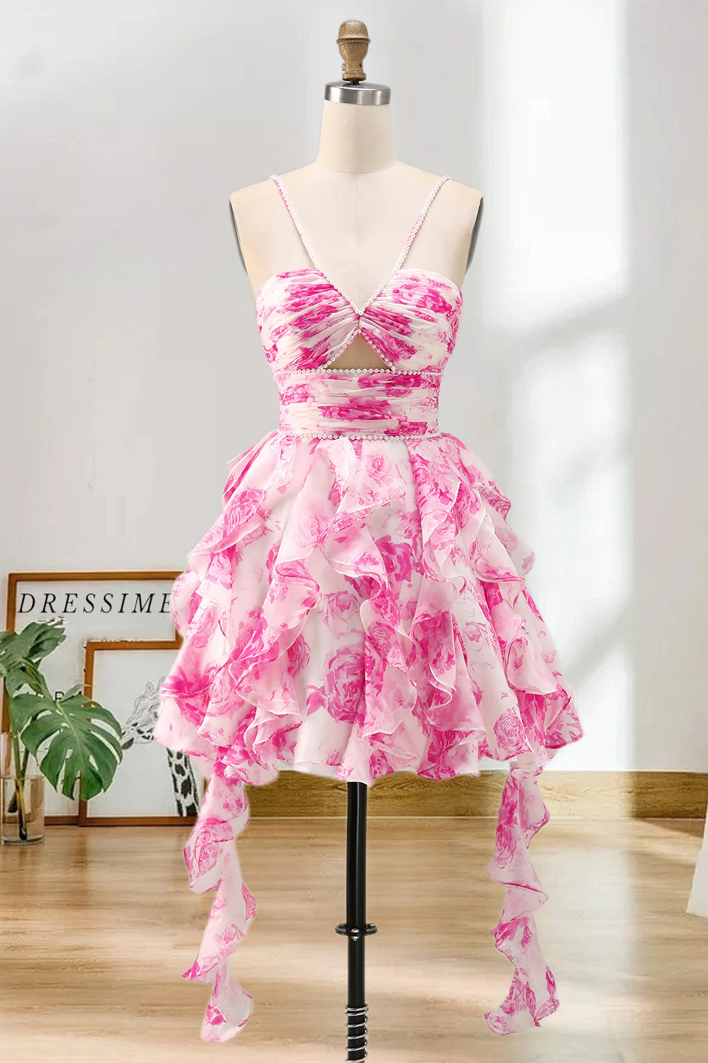 Dressime A Line Halter Neck Pearls Printed Tiered Ruffled Mini Homecoming Dress