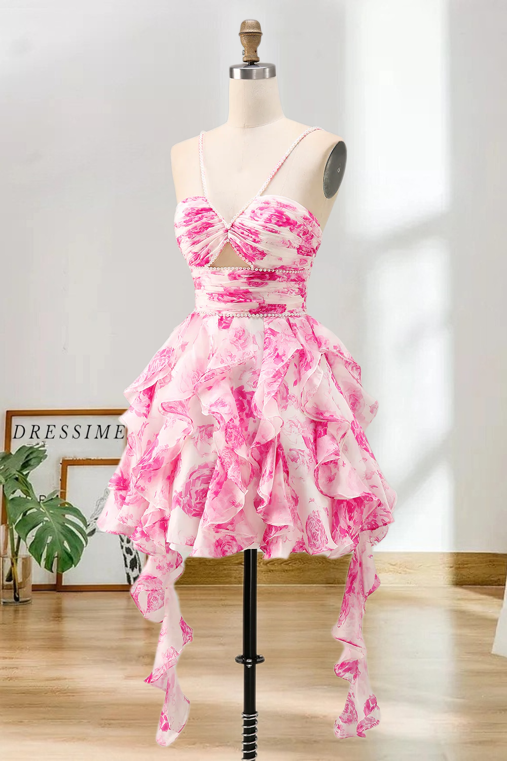 Dressime A Line Halter Neck Pearls Printed Tiered Ruffled Mini Homecoming Dress