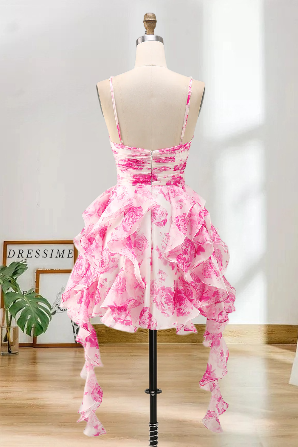Dressime A Line Halter Neck Pearls Printed Tiered Ruffled Mini Homecoming Dress