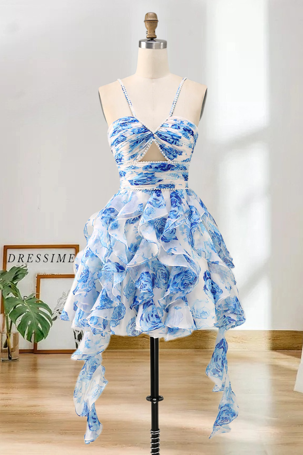 Dressime A Line Halter Neck Pearls Printed Tiered Ruffled Mini Homecoming Dress