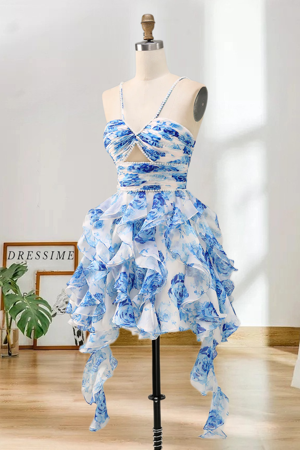 Dressime A Line Halter Neck Pearls Printed Tiered Ruffled Mini Homecoming Dress