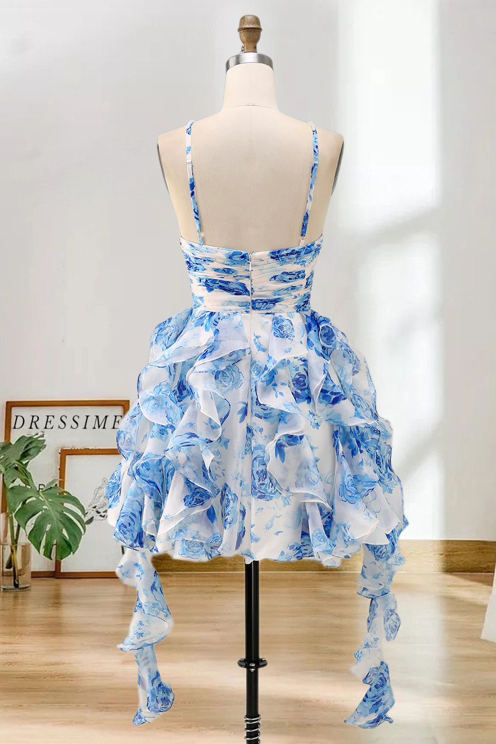 Dressime A Line Halter Neck Pearls Printed Tiered Ruffled Mini Homecoming Dress