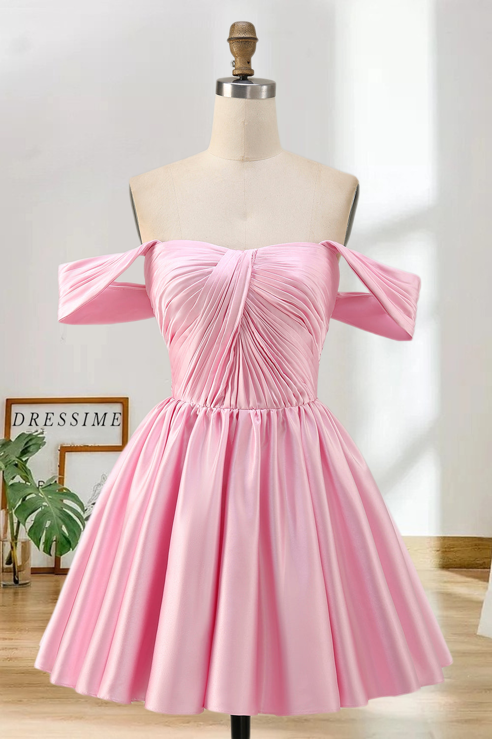 Dressime A Line Off The Shoulder Satin Corset Pleats Mini Homecoming Dress