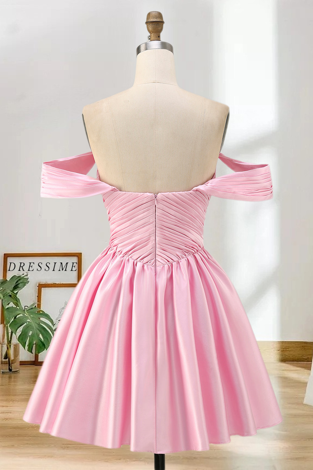 Dressime A Line Off The Shoulder Satin Corset Pleats Mini Homecoming Dress