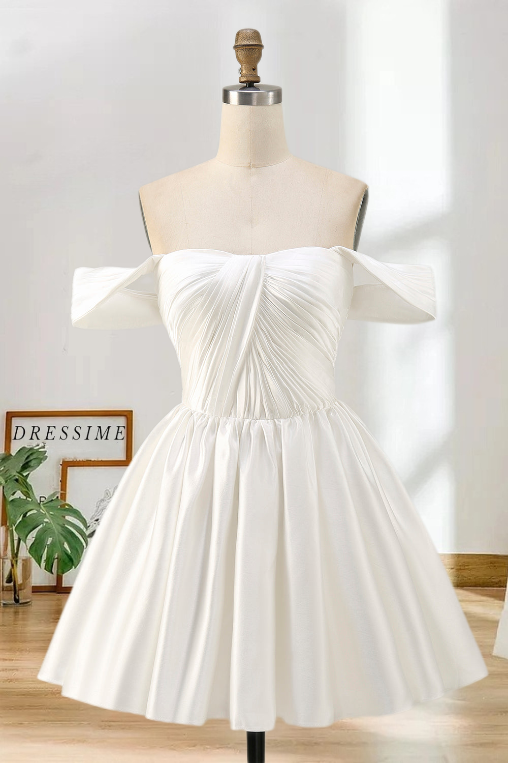 Dressime A Line Off The Shoulder Satin Corset Pleats Mini Homecoming Dress
