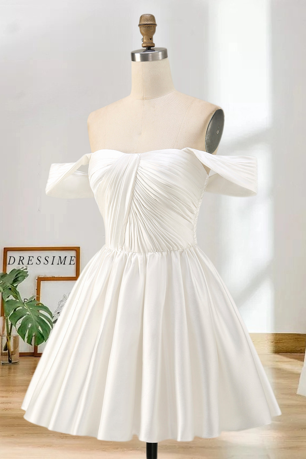 Dressime A Line Off The Shoulder Satin Corset Pleats Mini Homecoming Dress