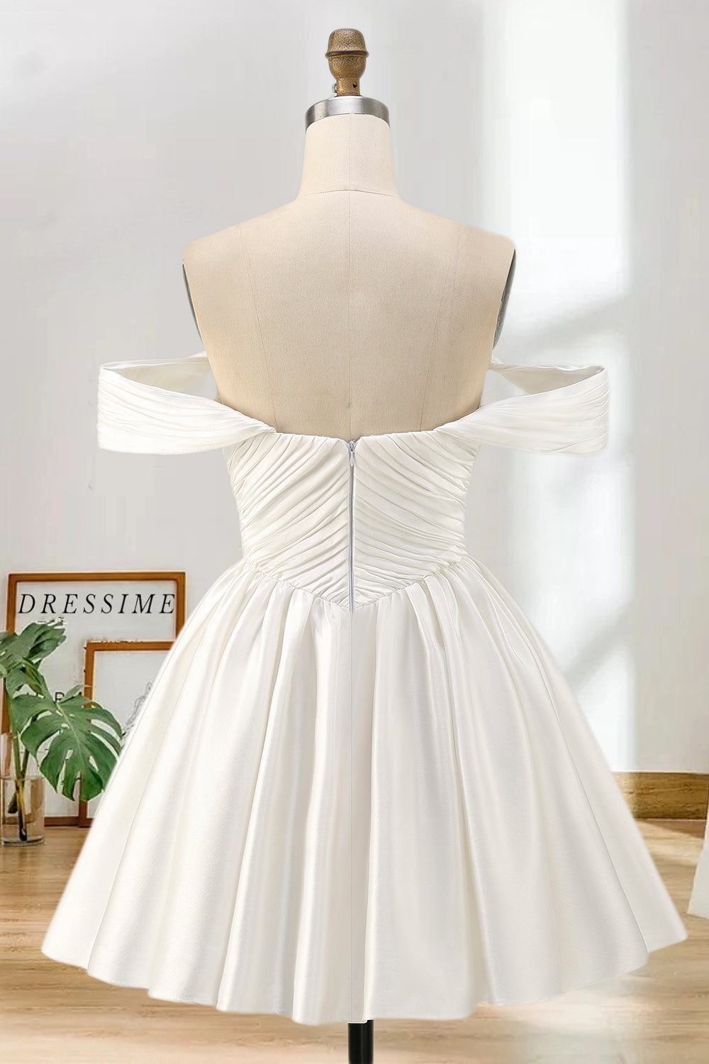 Dressime A Line Off The Shoulder Satin Corset Pleats Mini Homecoming Dress