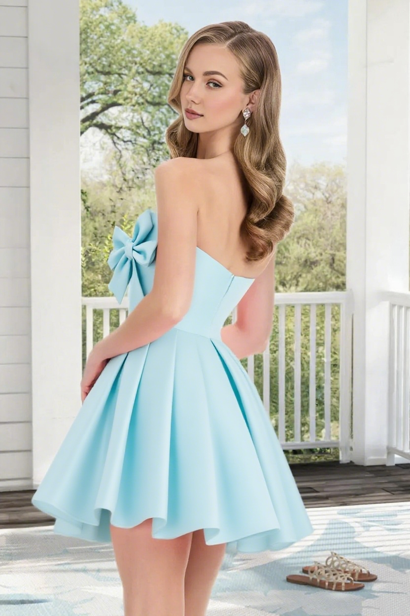Dressime A Line Strapless Satin Mini Homecoming Dress With Bowknot