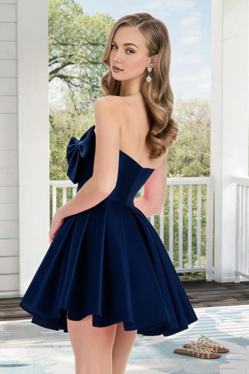 Dressime A Line Strapless Satin Mini Homecoming Dress With Bowknot