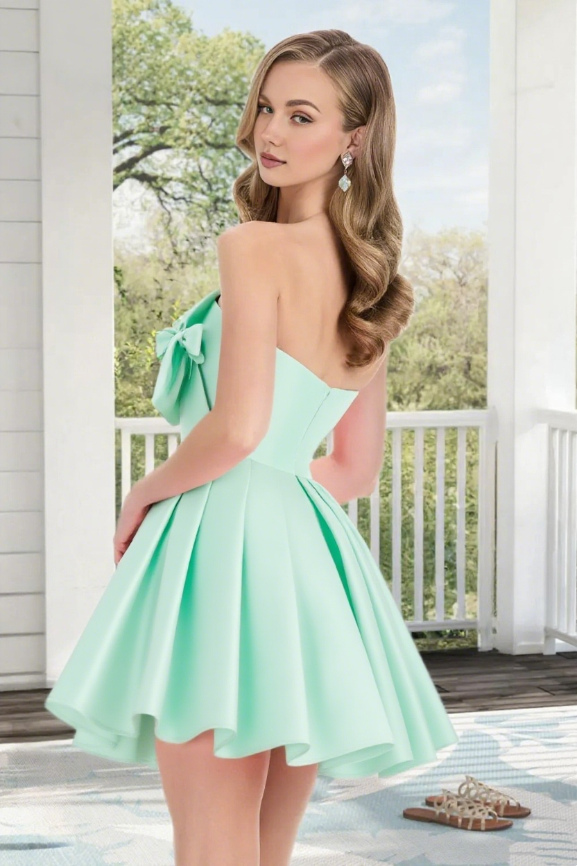 Dressime A Line Strapless Satin Mini Homecoming Dress With Bowknot