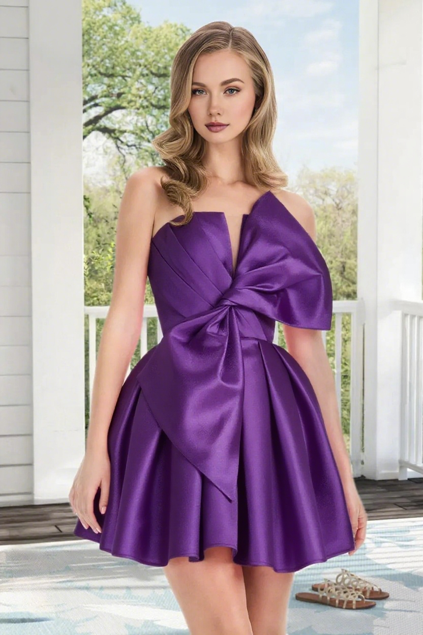 Dressime A Line Strapless Satin Mini Homecoming Dress With Bowknot