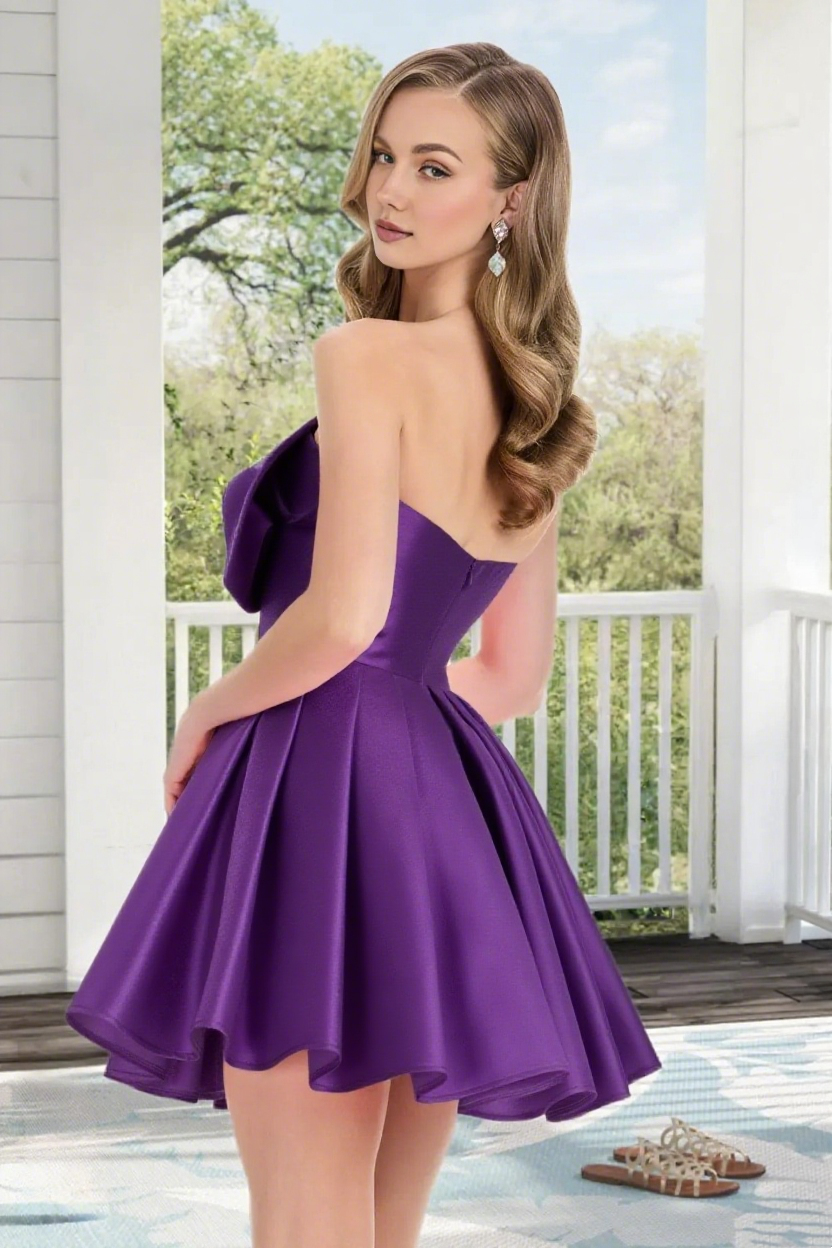 Dressime A Line Strapless Satin Mini Homecoming Dress With Bowknot