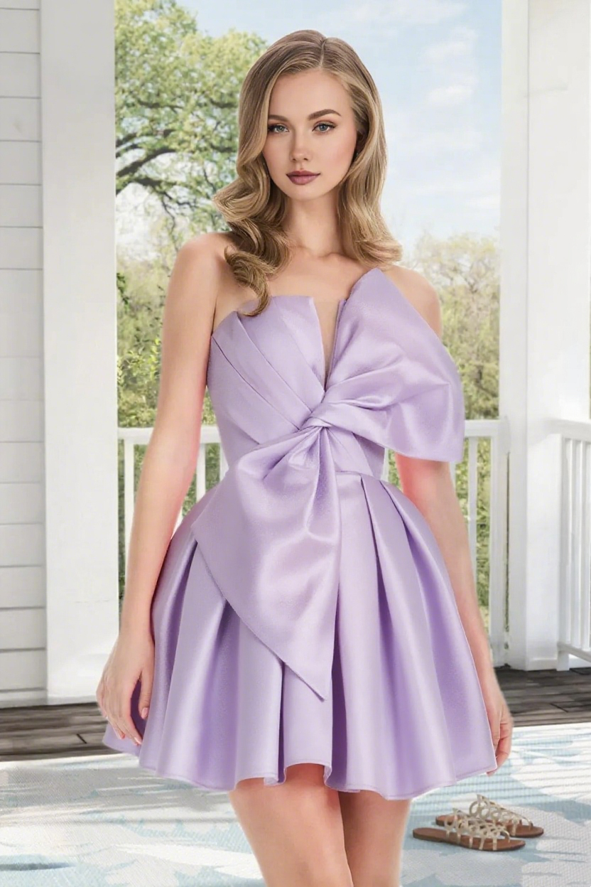 Dressime A Line Strapless Satin Mini Homecoming Dress With Bowknot