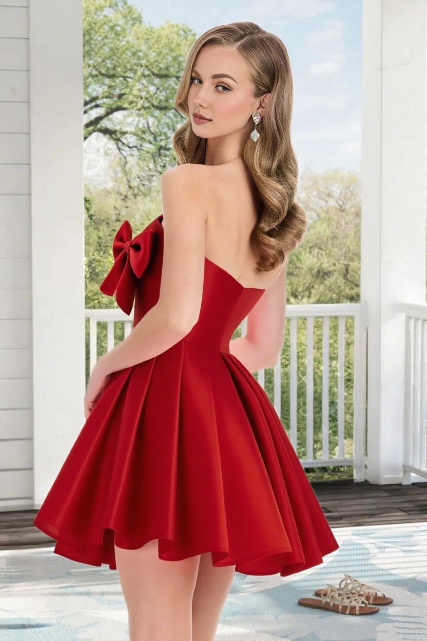 Dressime A Line Strapless Satin Mini Homecoming Dress With Bowknot