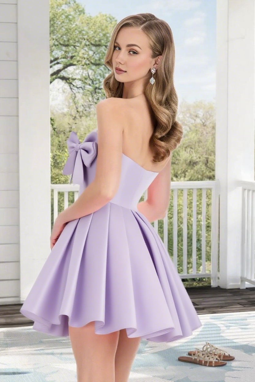 Dressime A Line Strapless Satin Mini Homecoming Dress With Bowknot