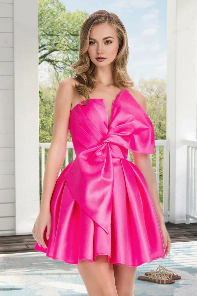 Dressime A Line Strapless Satin Mini Homecoming Dress With Bowknot