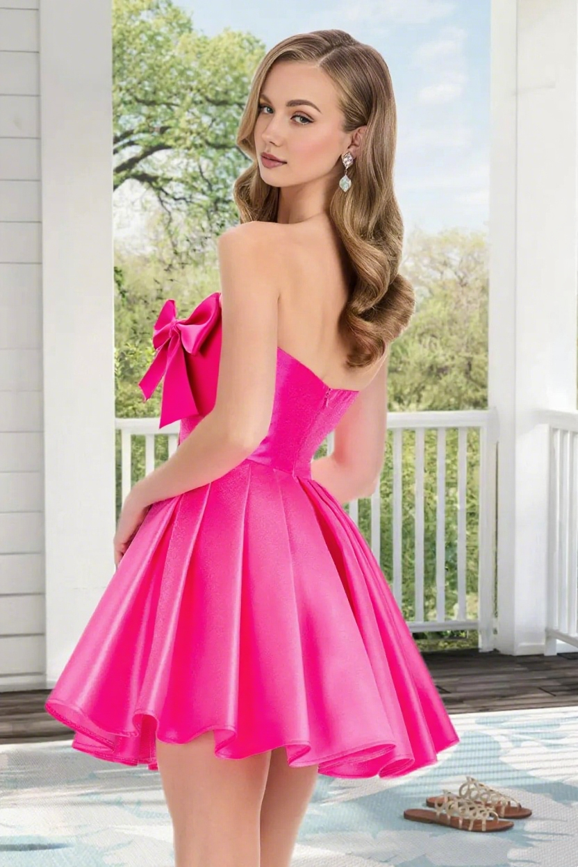 Dressime A Line Strapless Satin Mini Homecoming Dress With Bowknot
