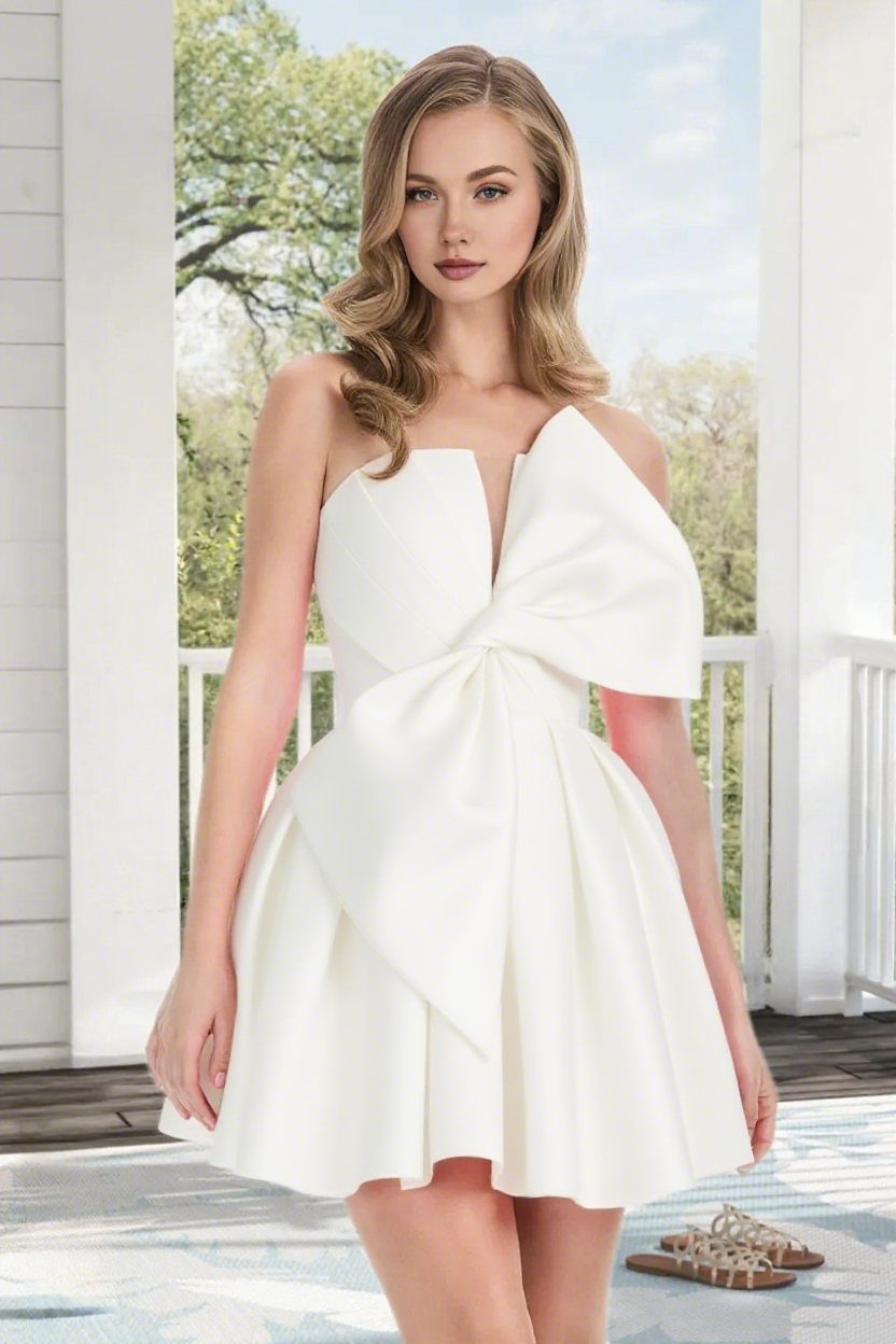 Dressime A Line Strapless Satin Mini Homecoming Dress With Bowknot