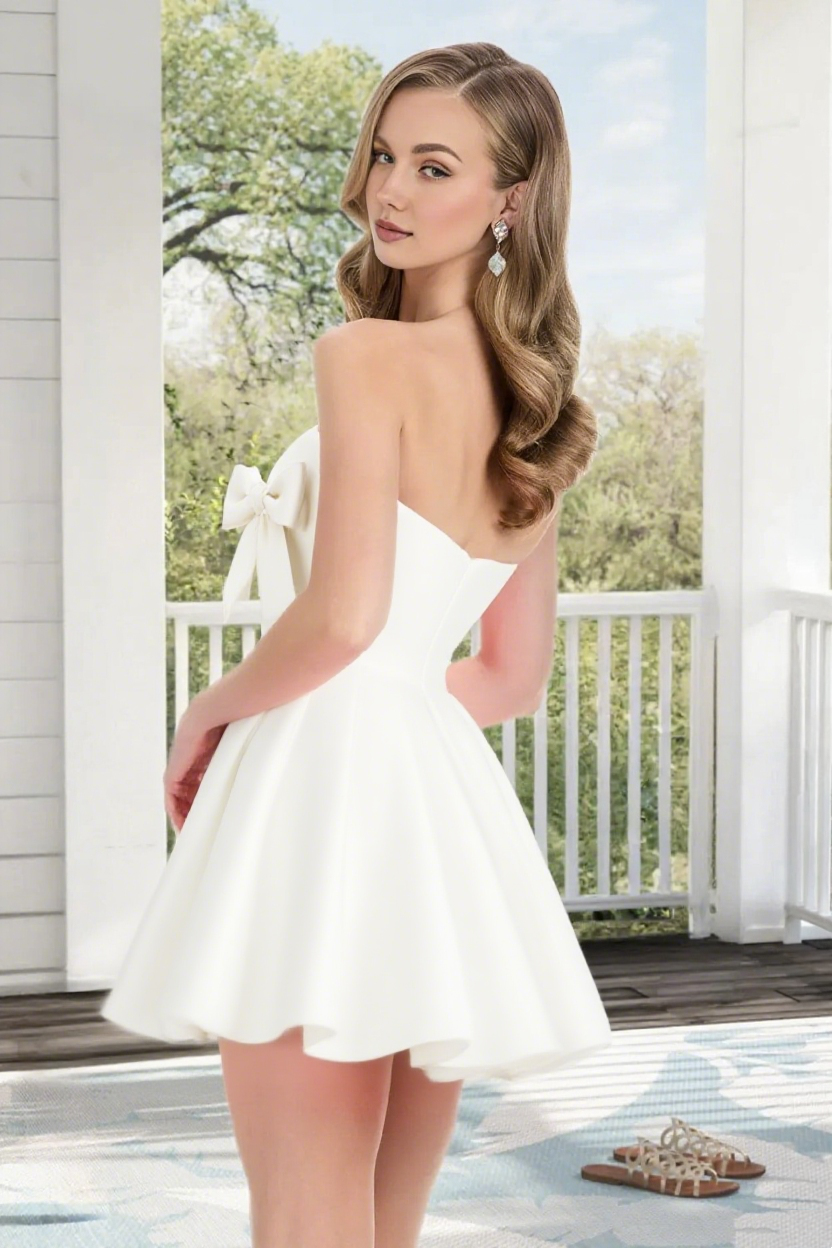 Dressime A Line Strapless Satin Mini Homecoming Dress With Bowknot
