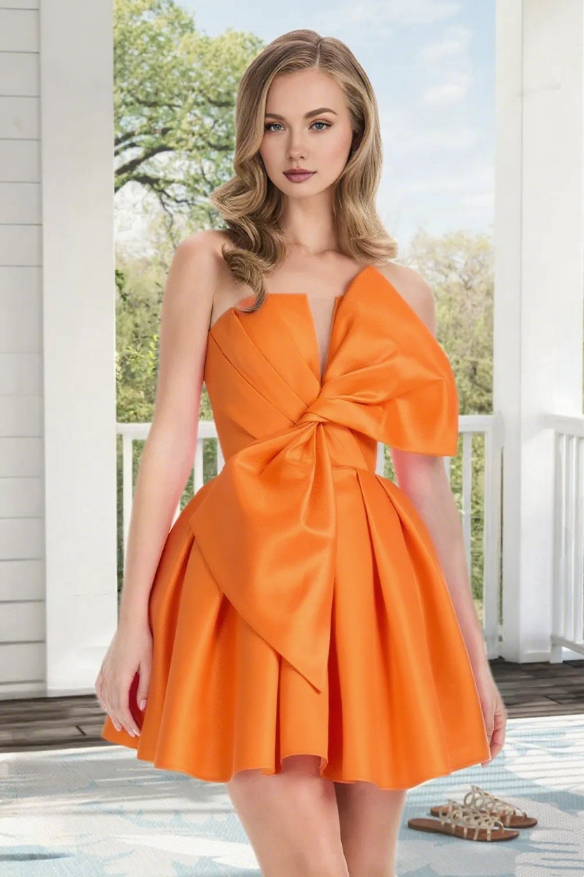 Dressime A Line Strapless Satin Mini Homecoming Dress With Bowknot