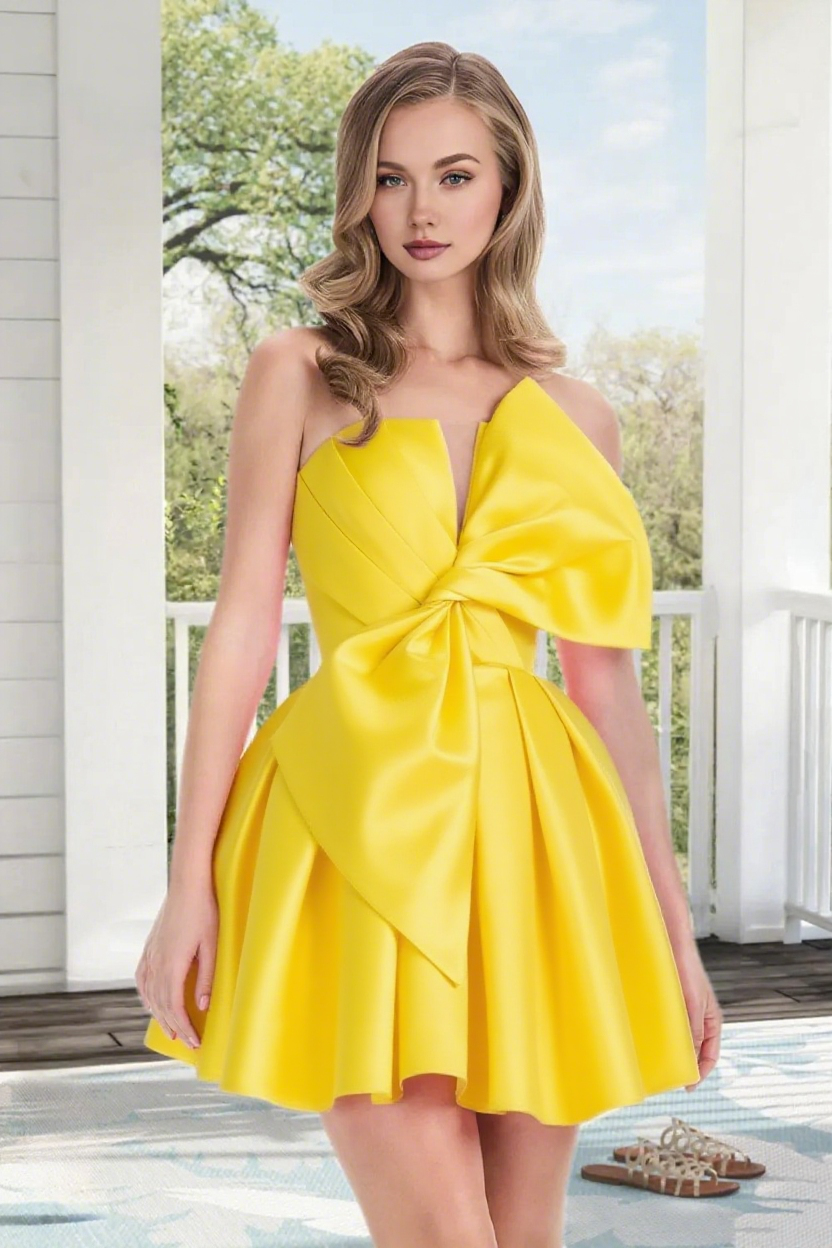 Dressime A Line Strapless Satin Mini Homecoming Dress With Bowknot