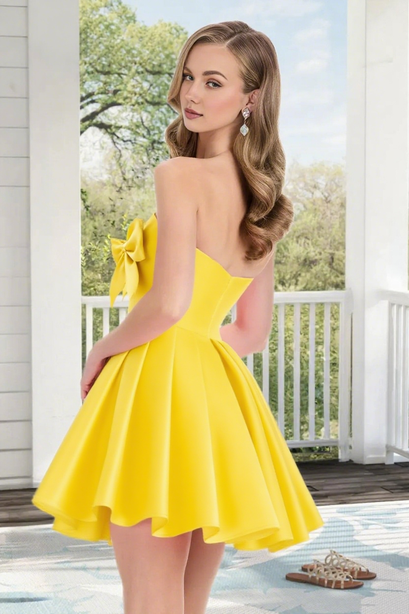 Dressime A Line Strapless Satin Mini Homecoming Dress With Bowknot