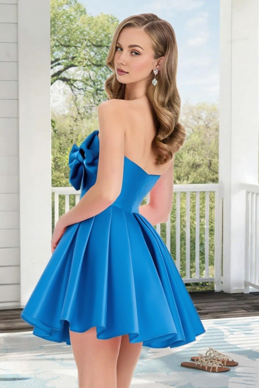 Dressime A Line Strapless Satin Mini Homecoming Dress With Bowknot