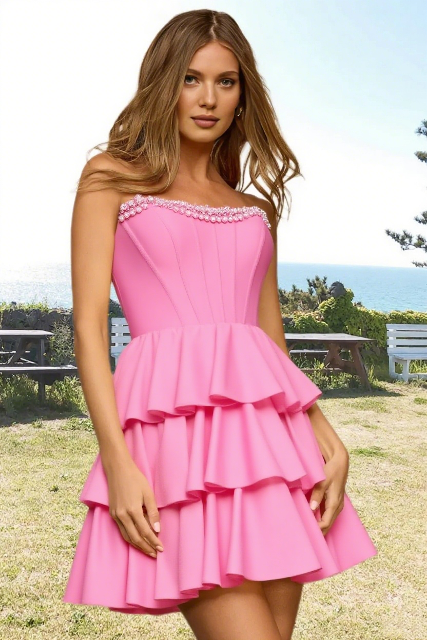 Dressime A Line Strapless Satin Ruffled Tiered Mini Homecoming Dress With Beading