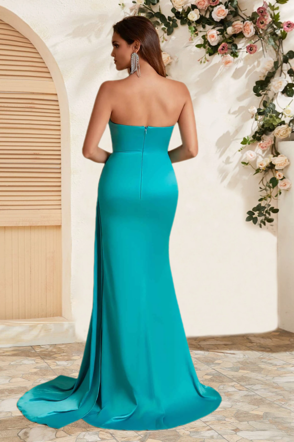 Dressime Gorgeous Mermaid Strapless Satin Slit Bridesmaid Dress With Train