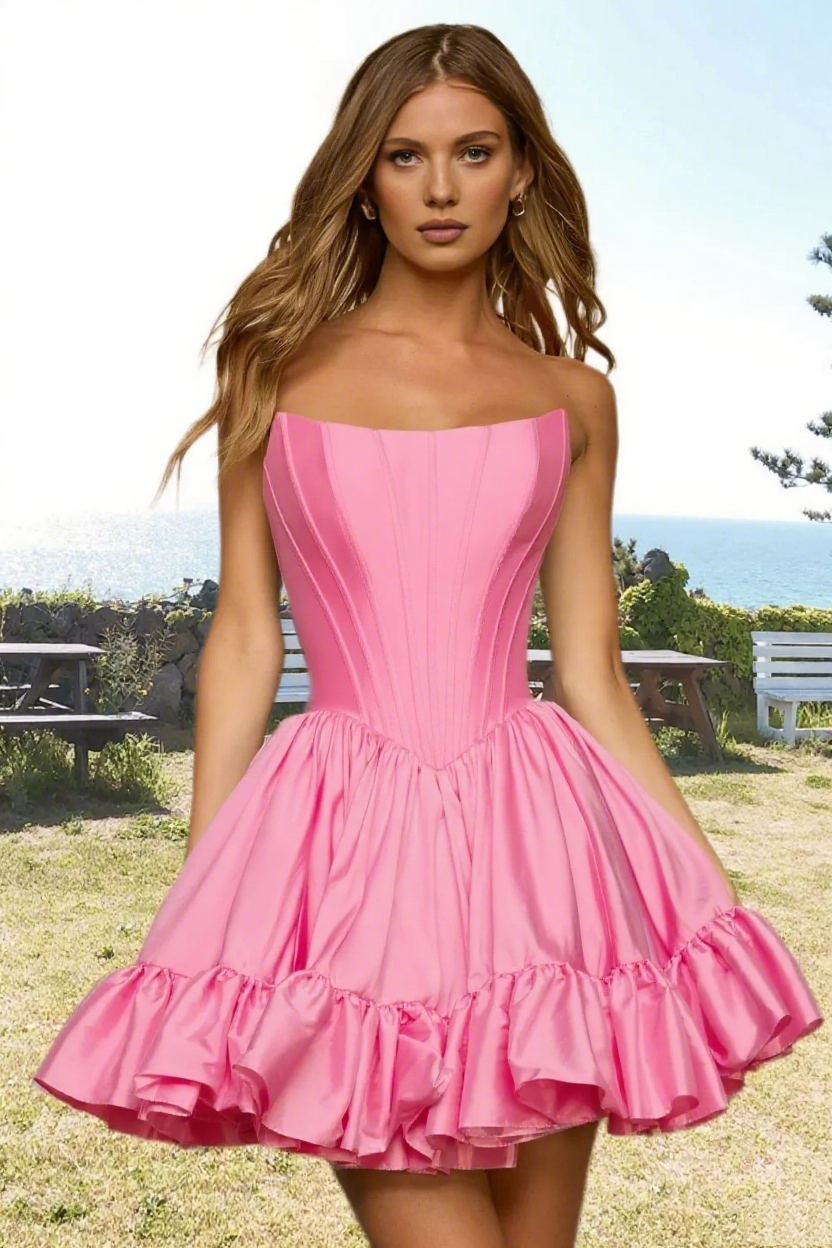 Dressime Woman's Cute Pink Homecoming Dress A Line Strapless Satin Corset Bodice Ruffled Mini Cocktail Dress dressime Dressime Woman's Cute Pink Homecoming Dress A Line Strapless Satin Corset Bodice Ruffled Mini Cocktail Dress dressime