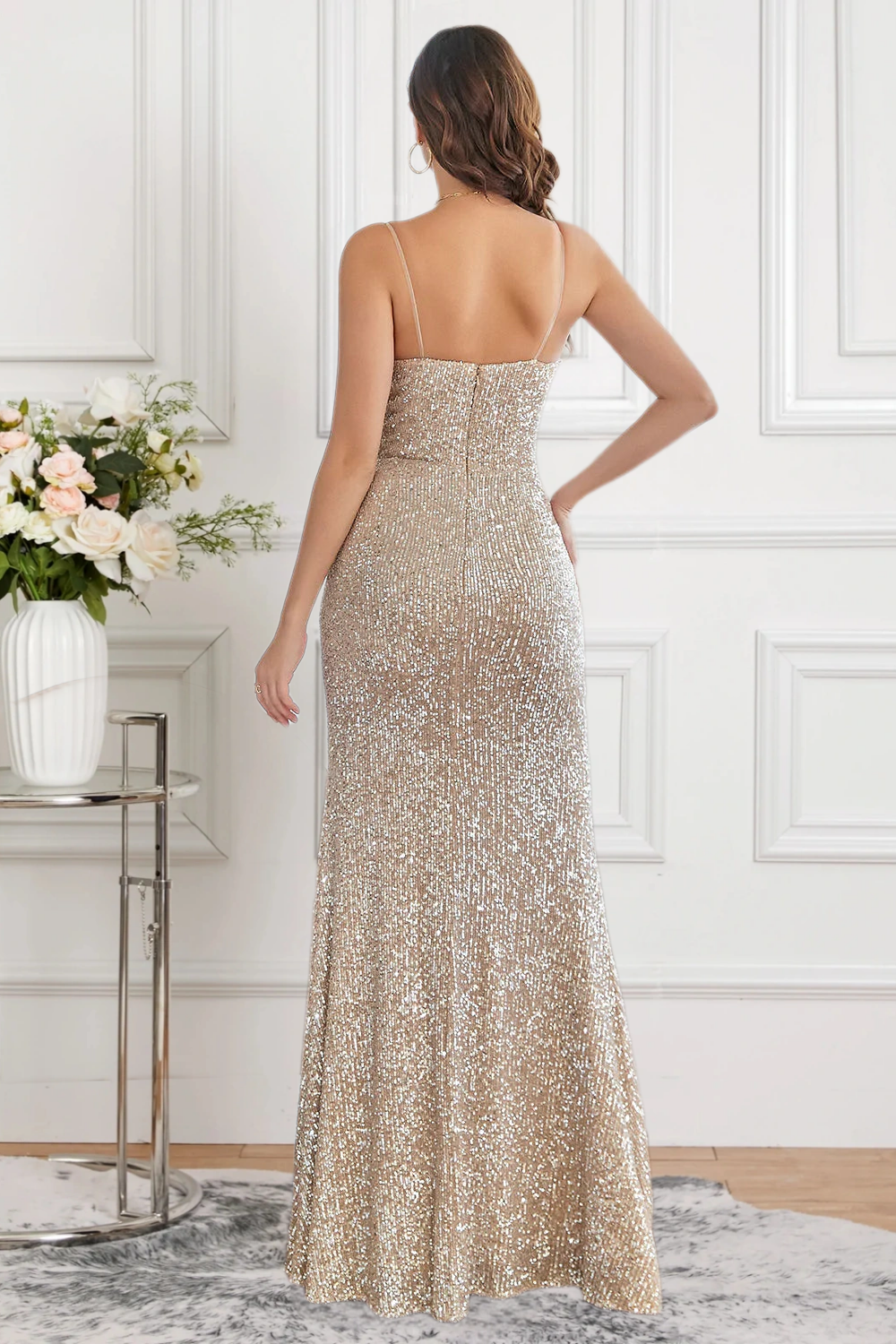 Dressine Sparkly Mermaid V Neck Sequin Long Formal Dress with Slit
