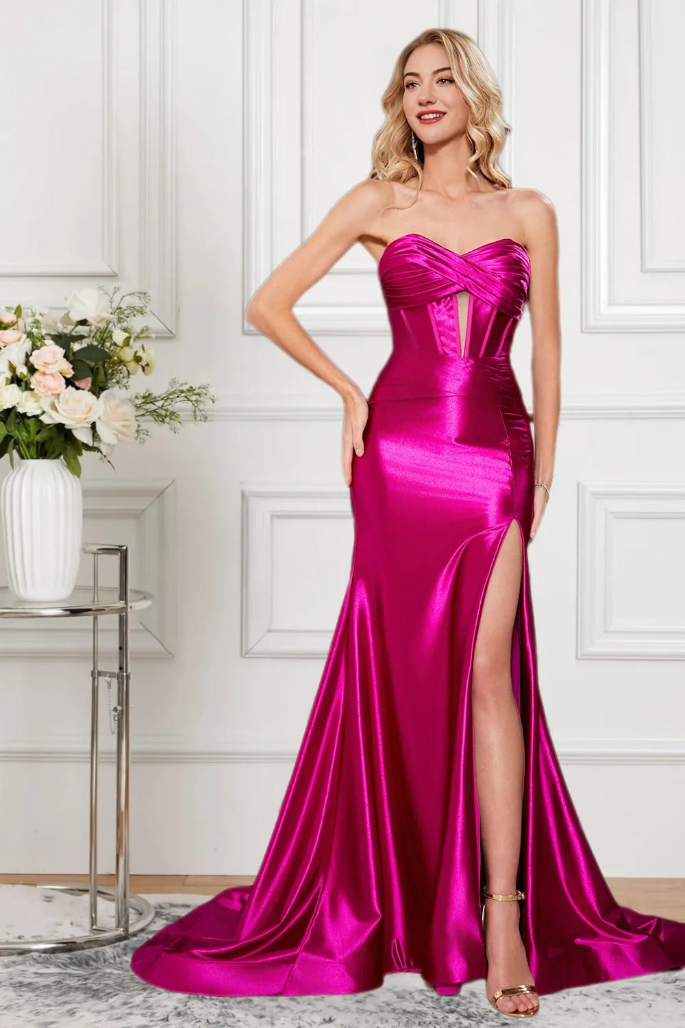Dressine Women Sparkly Fuchsia Formal Dress Mermaid Sweetheart Metallic Long Prom Dress with Slit dressime Dressine Women Sparkly Fuchsia Formal Dress Mermaid Sweetheart Metallic Long Prom Dress with Slit dressime