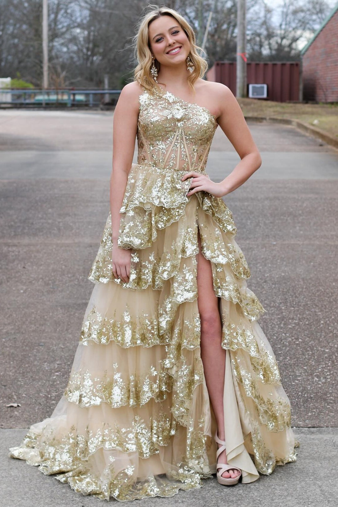 Dressime A Line One Shoulder Tulle Sequin-Embroidery Tiered Prom Dresses with Slit