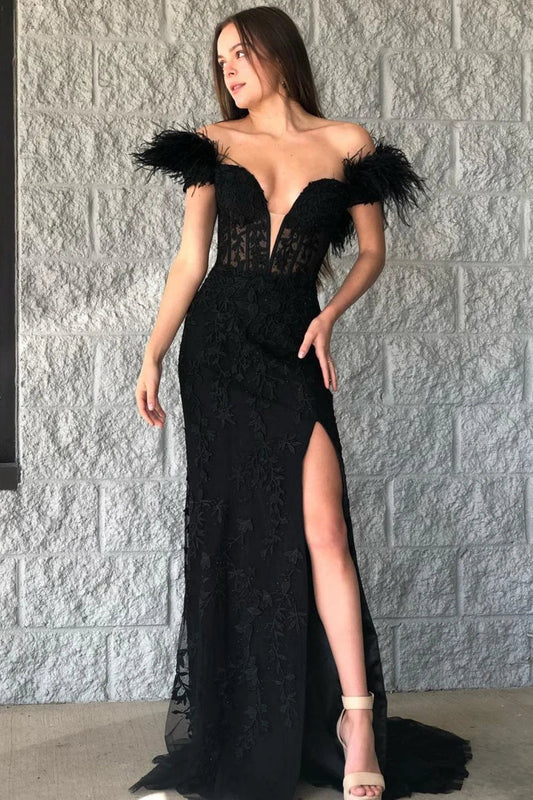 dressimeMermaid Off the Shoulder Long Lace Appliques Prom Dresses With Feather