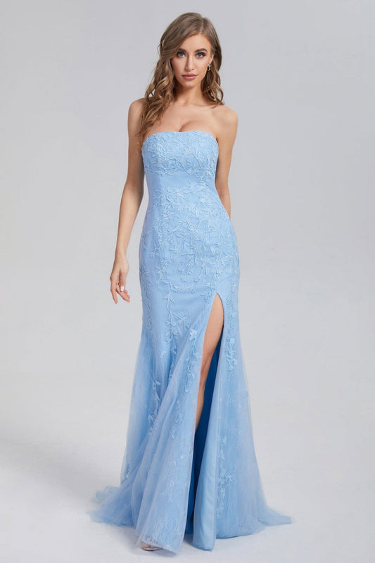dressimeMermaid Strapless Applique Long Prom Dresses With Slit