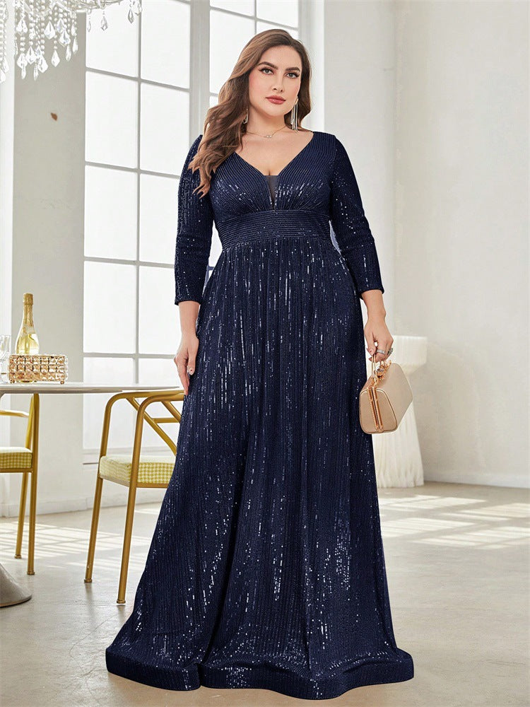 Dressime Plus Size Sparkly A Line V Neck Sequin Long Sleeves Long Formal Dress