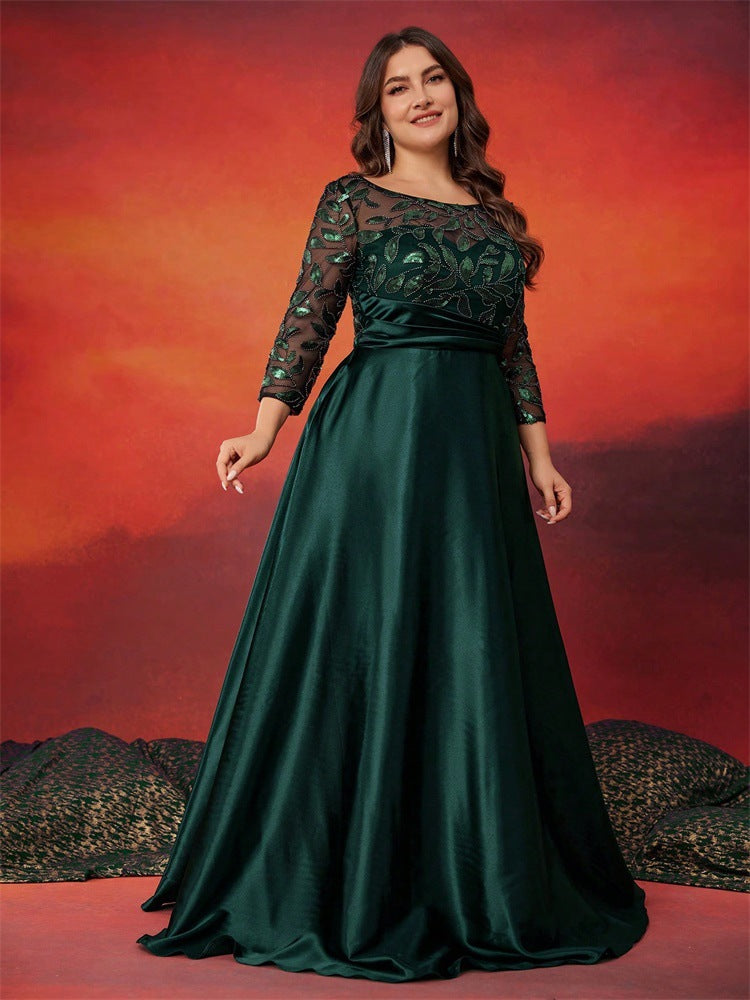 Dressime Plus Size A Line V Neck Long Sleeves Satin Sequin Long Formal Dress